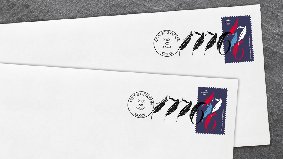 1776 postmark applied to an envelope with the Declaration of Independence stamp affixed