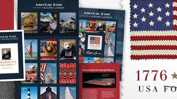 An image of the American Icons stamp portfolio beside an image of the 2026 U.S. Flag mail-use stamp