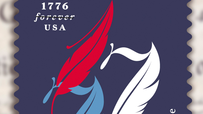 Image of the Declaration of Independence blurred in the background with a blue stamp with the numerals “1776” in red, white and blue and in the shape of feather quill pens in the foreground