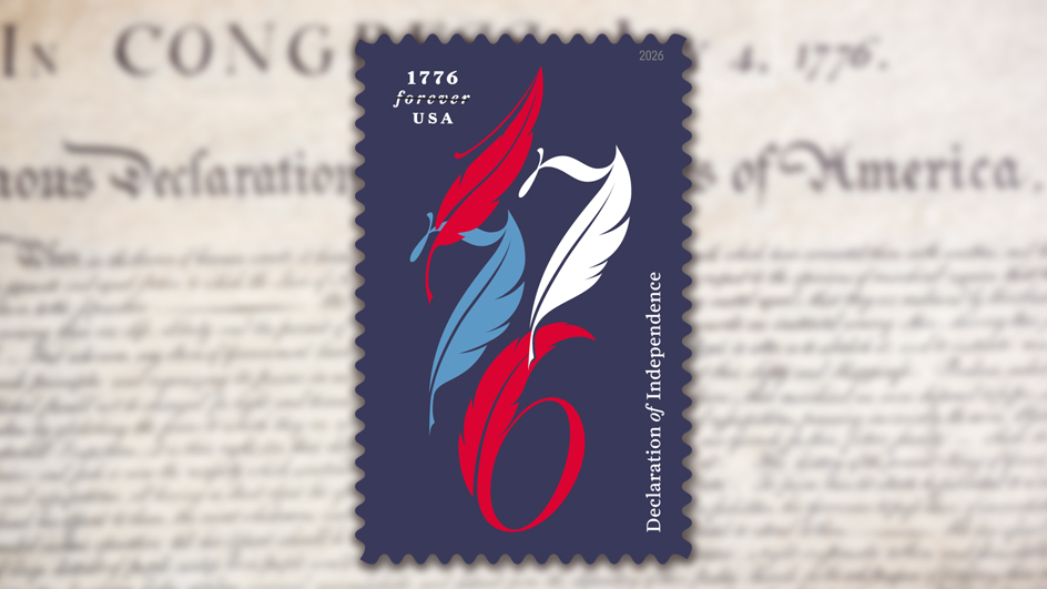 Image of the Declaration of Independence blurred in the background with a blue stamp with the numerals “1776” in red, white and blue and in the shape of feather quill pens in the foreground