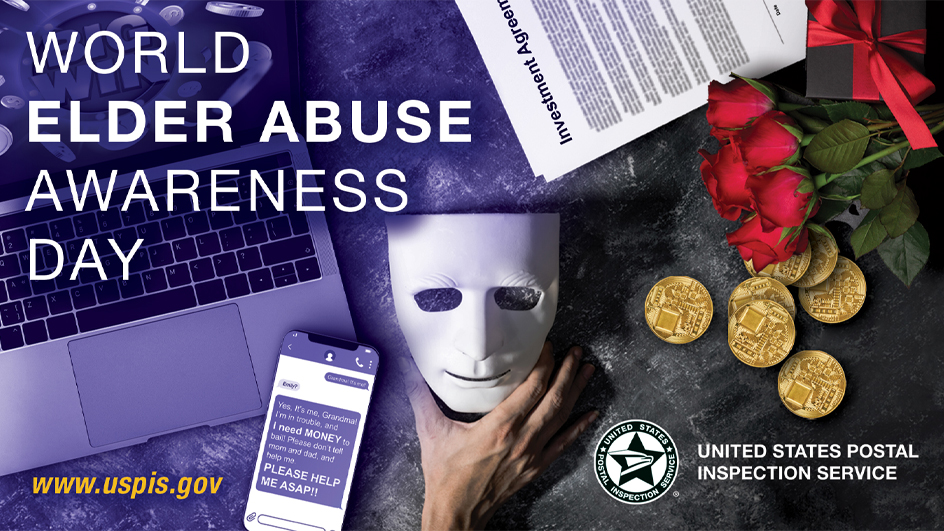 Image showing a laptop, smartphone, mask, roses, gold coins, and a contract with the words “World Elder Abuse Awareness Day”