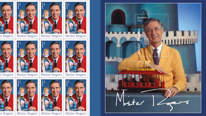 A pane of 20 Mister Rogers stamps next to a souvenir sheet of four new stamps showing Fred Rogers