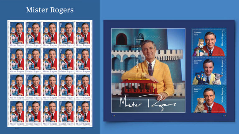 A pane of 20 Mister Rogers stamps next to a souvenir sheet of four new stamps showing Fred Rogers