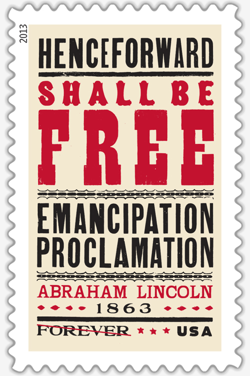 A stamp depicting a vintage poster promoting the ending of slavery in the United States