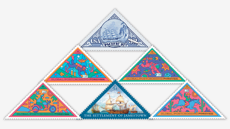 Six triangular stamps arranged in the shape of a triangle