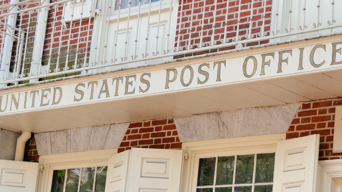 A brick building displaying “B. Free Franklin Post Office”