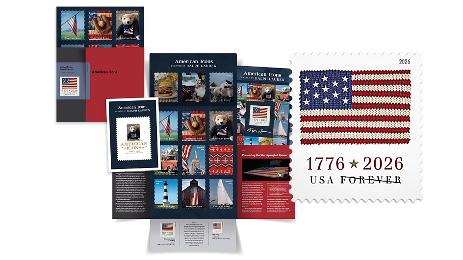 An image of the American Icons stamp portfolio beside an image of the 2026 U.S. Flag mail-use stamp