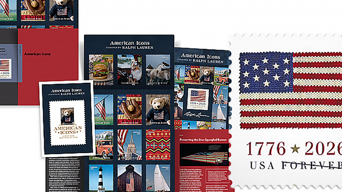 An image of the American Icons stamp portfolio beside an image of the 2026 U.S. Flag mail-use stamp