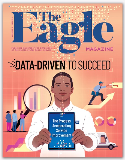 The Eagle magazine cover illustration showing a man holding up a tablet