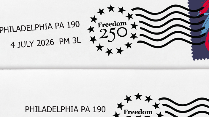 250th anniversary postmark applied to an envelope with the Declaration of Independence stamp affixed