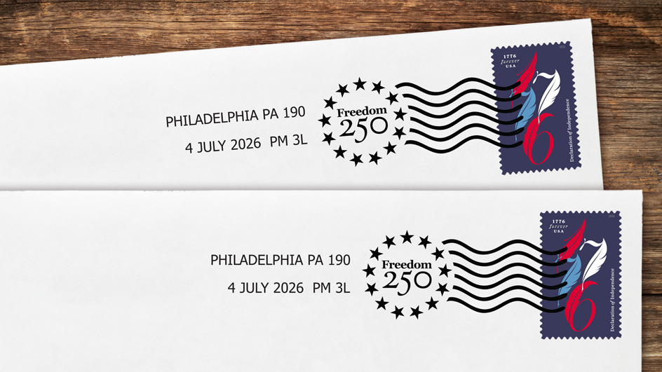 250th anniversary postmark applied to an envelope with the Declaration of Independence stamp affixed