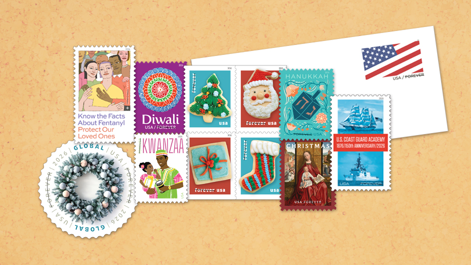 Collage of eight USPS stamps and a stamped envelope