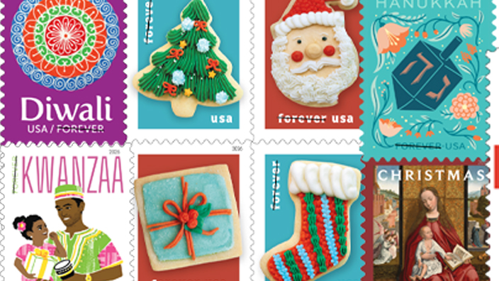 Collage of eight USPS stamps and a stamped envelope