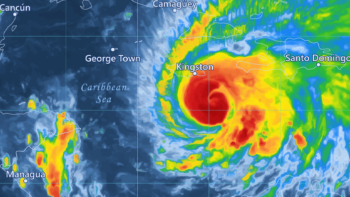Precipitation weather map showing a hurricane over the Caribbean Sea south of Jamaica