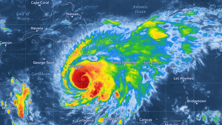 Precipitation weather map showing a hurricane over the Caribbean Sea south of Jamaica