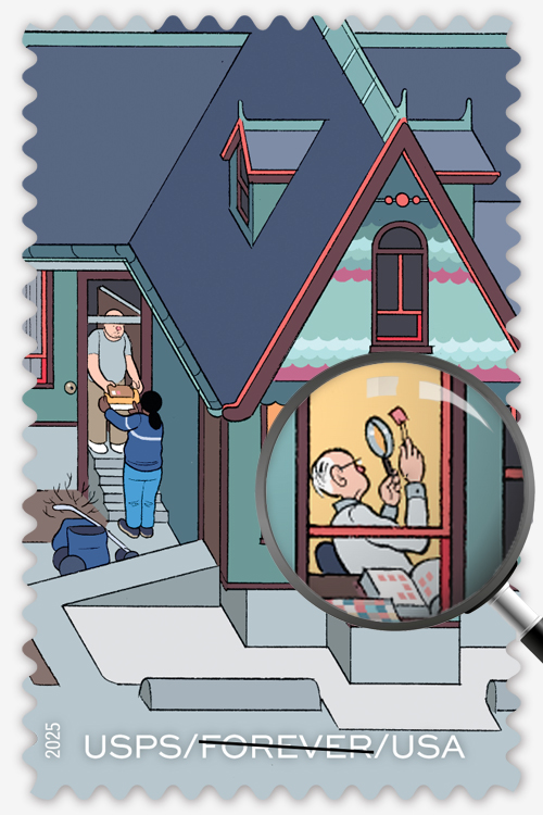 A stamp from the 250 Years of Delivering release with a magnifying glass emphasizing an illustration of a man examining a stamp