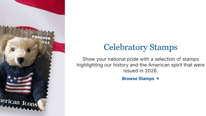 Website displaying the words “Join the U.S. Postal Service in Celebrating Our Country's 250th Birthday” and images of two stamps featuring a portrait of George Washington and a teddy bear in a blue sweater