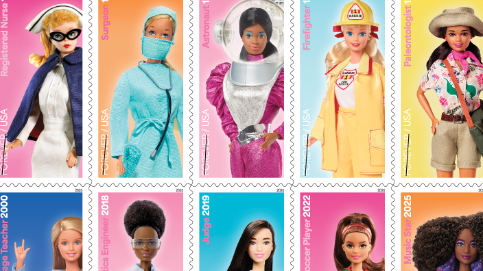 A pane of 10 stamps featuring images of Barbie dressed for different careers