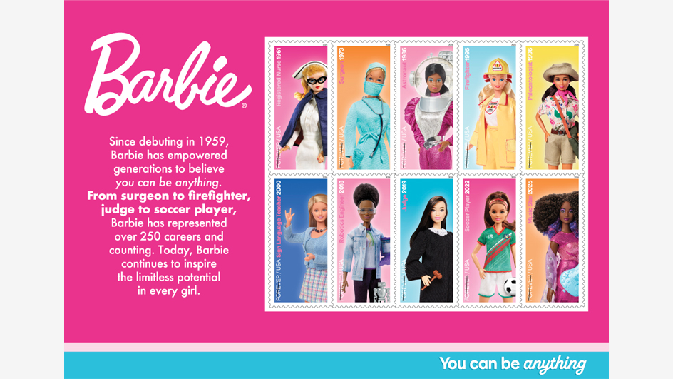 A pane of 10 stamps featuring images of Barbie dressed for different careers