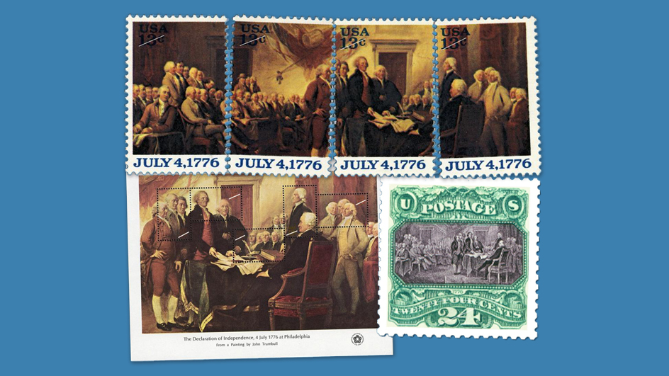 A collage of three USPS stamp releases showing imagery from John Trumbull’s “Declaration of Independence” painting