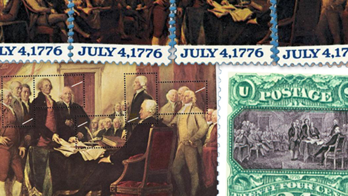 A collage of three USPS stamp releases showing imagery from John Trumbull’s “Declaration of Independence” painting