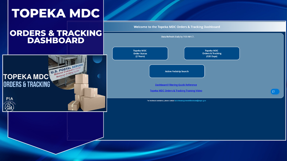 A computer screen grab showing the homepage of the USPS Material Distribution Center digital dashboard and tracking system.