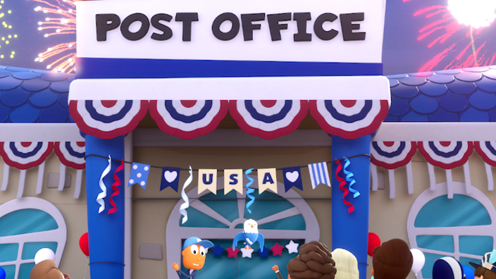 A cartoon rendering of a Post Office decorated in red, white and blue bunting with fireworks exploding in the night sky behind it.