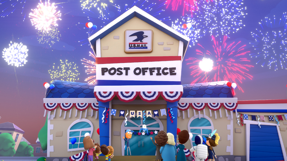A cartoon rendering of a Post Office decorated in red, white and blue bunting with fireworks exploding in the night sky behind it.