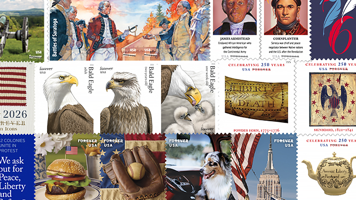 A collage of USPS stamps featuring select stamps from the following releases: Declaration of Independence, American Icons, Treasures of the Revolutionary Era, Bald Eagle: From Hatchling to Adult, Figures of the American Revolution, Battlefields of the American Revolution and First Continental Congress