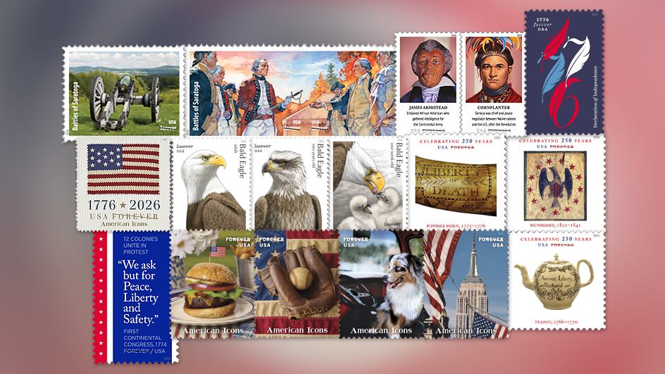 A collage of USPS stamps featuring select stamps from the following releases: Declaration of Independence, American Icons, Treasures of the Revolutionary Era, Bald Eagle: From Hatchling to Adult, Figures of the American Revolution, Battlefields of the American Revolution and First Continental Congress