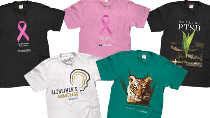 A collage of T-shirts bearing images of Alzheimer’s, breast cancer research, PTSD and vanishing species stamp images