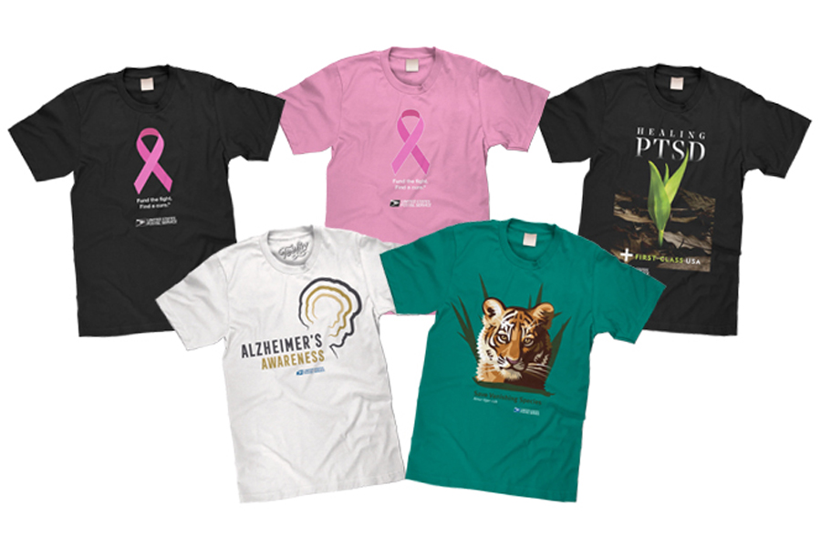 A collage of T-shirts bearing images of Alzheimer’s, breast cancer research, PTSD and vanishing species stamp images