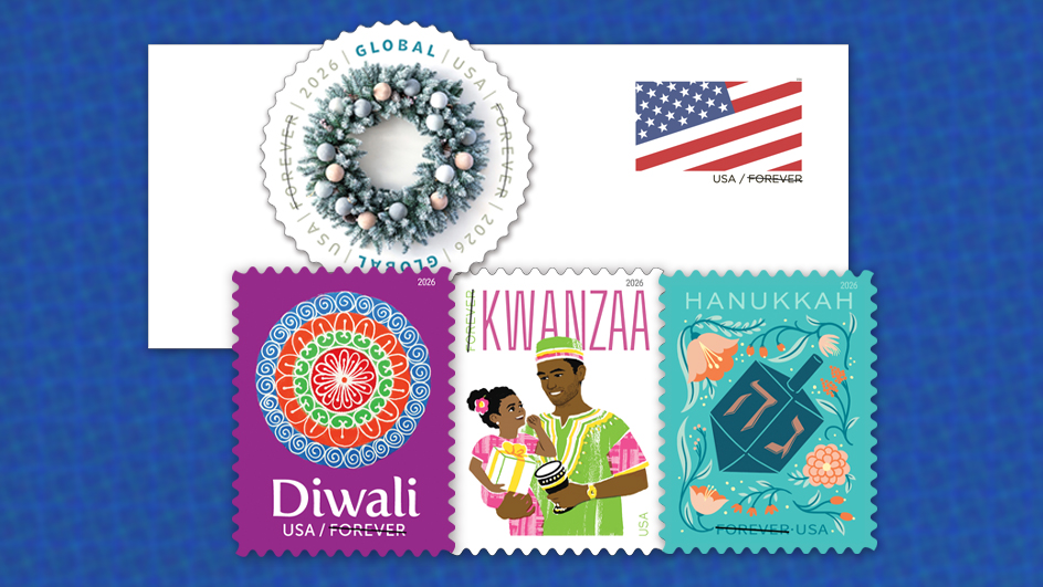 A collage of five USPS postage stamps