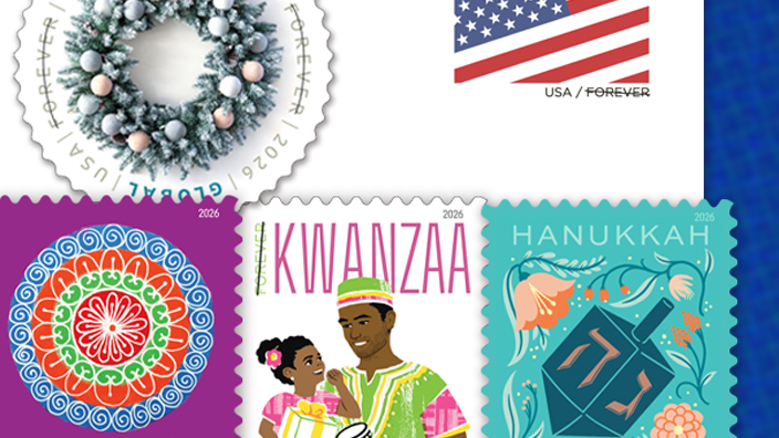 A collage of five USPS postage stamps