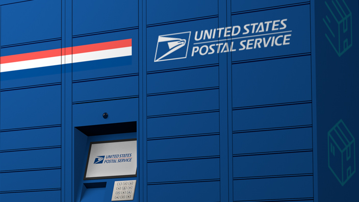 A bank of blue USPS Smart Lockers