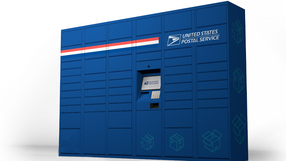 A bank of blue USPS Smart Lockers