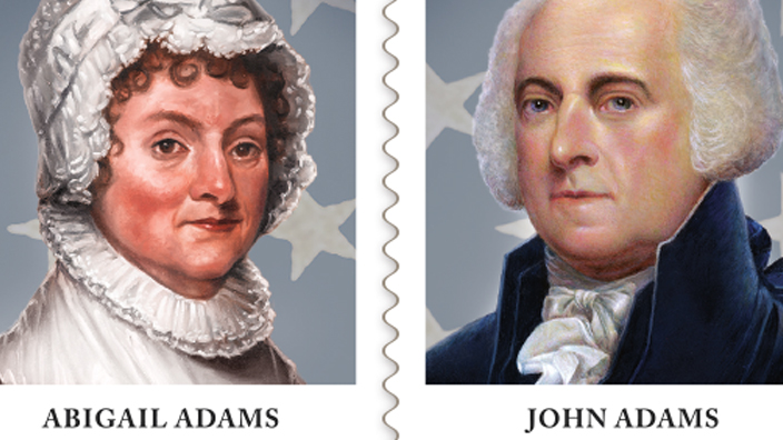 Side-by-side images of stamps featuring portraits of Abigail Adams and John Adams on a background of blank parchment and a feather quill pen