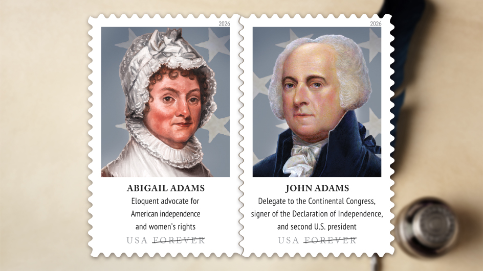 Side-by-side images of stamps featuring portraits of Abigail Adams and John Adams on a background of blank parchment and a feather quill pen