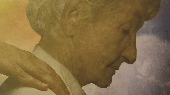 he Alzheimer's semipostal stamp featuring an illustration of an older woman in profile with a hand on her shoulder
