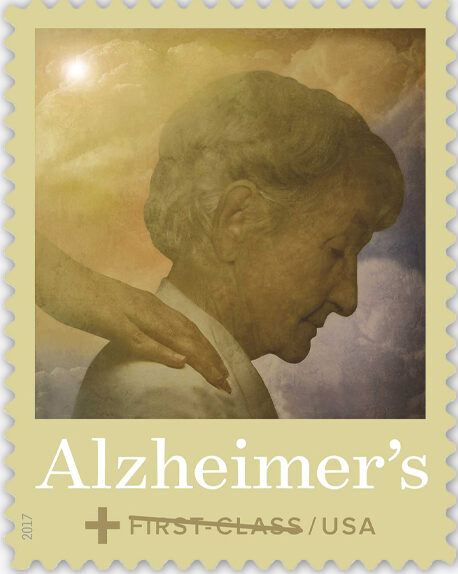 he Alzheimer's semipostal stamp featuring an illustration of an older woman in profile with a hand on her shoulder
