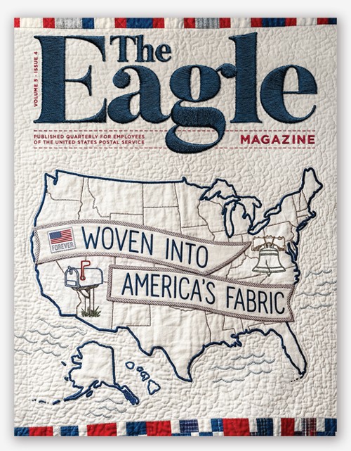 The cover of the July 2026 Eagle magazine showing a quilt with an outline of the United States and the phrase “Woven into America’s fabric.”