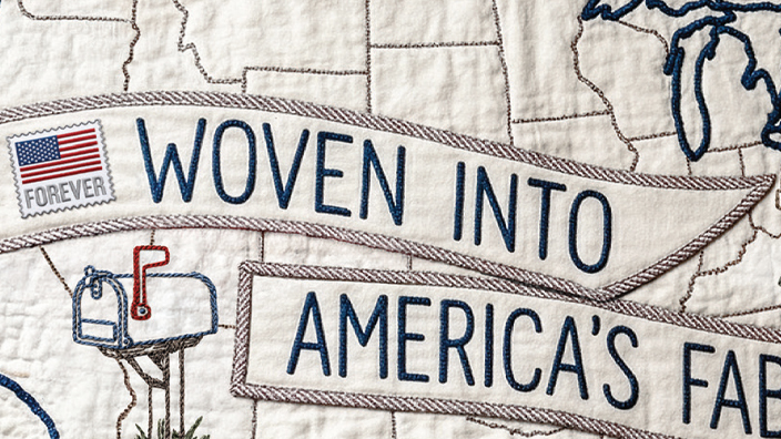 The cover of the July 2026 Eagle magazine showing a quilt with an outline of the United States and the phrase “Woven into America’s fabric.”