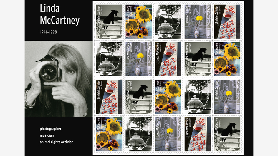 Pane of 20 USPS stamps featuring five designs highlighting the photography of Linda McCartney
