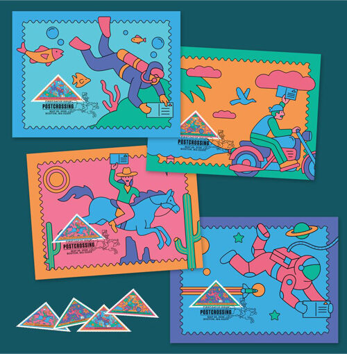 A collage of four the Postcrossing maxicards and the four Postcrossing triangular stamps