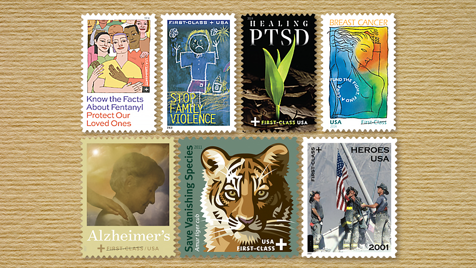 Collage of USPS semipostal stamps
