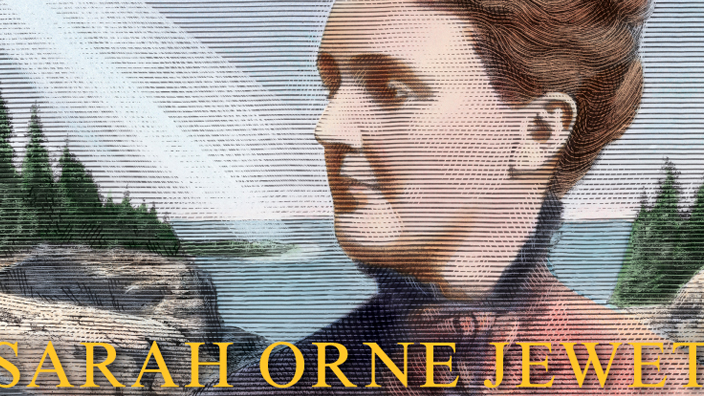 Image of stamp showing illustration of a woman’s profile on a background portraying the Maine coast