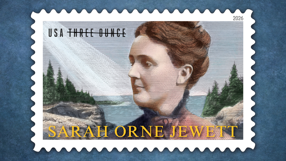 Image of stamp showing illustration of a woman’s profile on a background portraying the Maine coast
