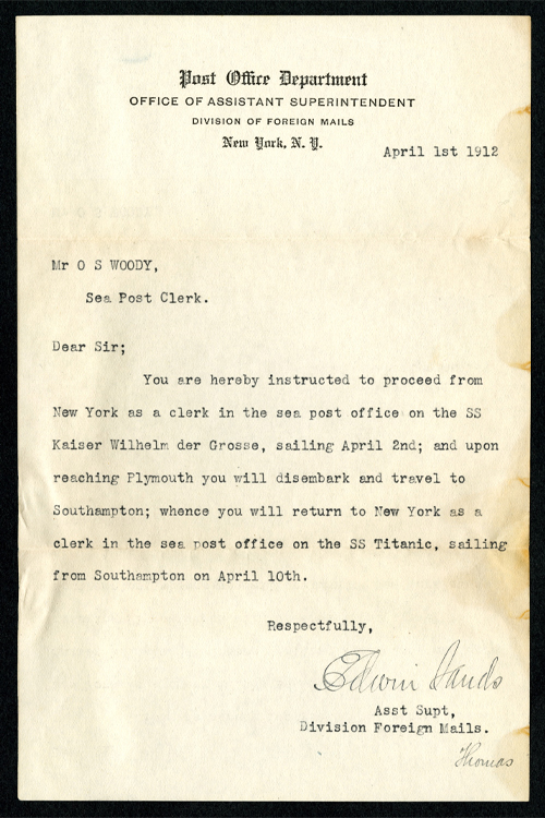 Typed orders from the Post Office Department addressed to “Mr. O S Woody, Sea Post Clerk”