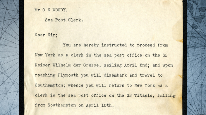 Typed orders from the Post Office Department addressed to “Mr. O S Woody, Sea Post Clerk”