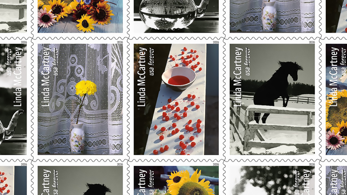 Sheet of 20 stamps with five different designs featuring photographs taken by Linda MCartney